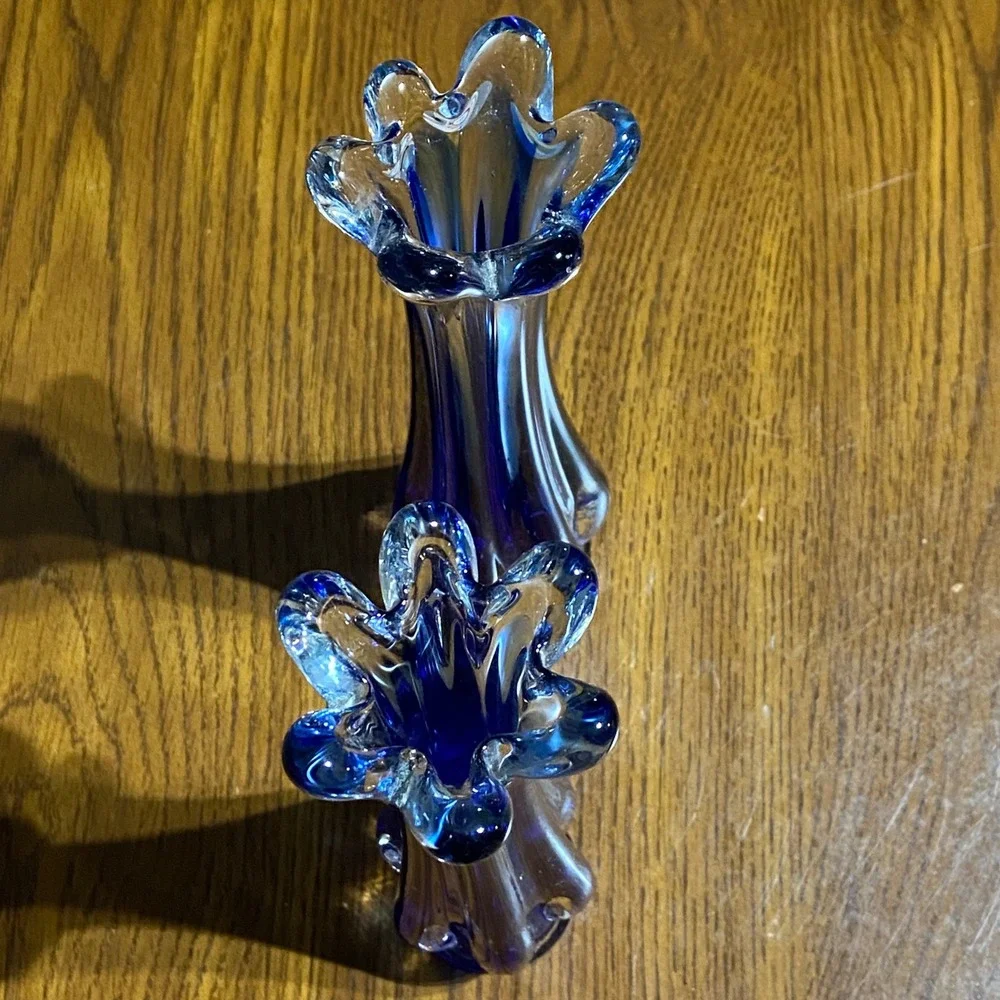Vintage MCM Cobalt Blue Swung Glass Bud Vases 6 Finger Ruffled Set of 2 9